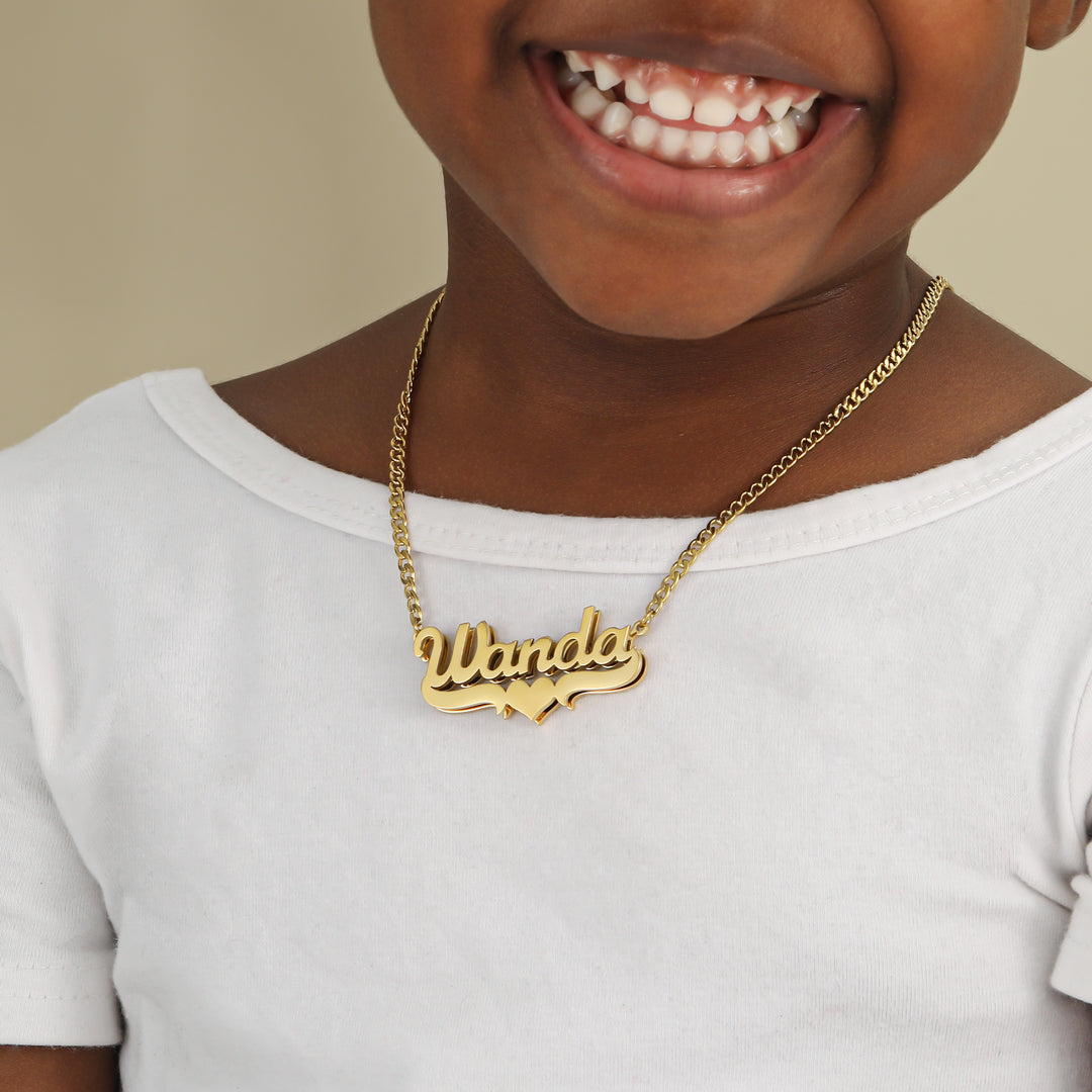 Kids Double Plated Heart Name Necklace w/ Cuban Chain | Necklaces by DORADO
