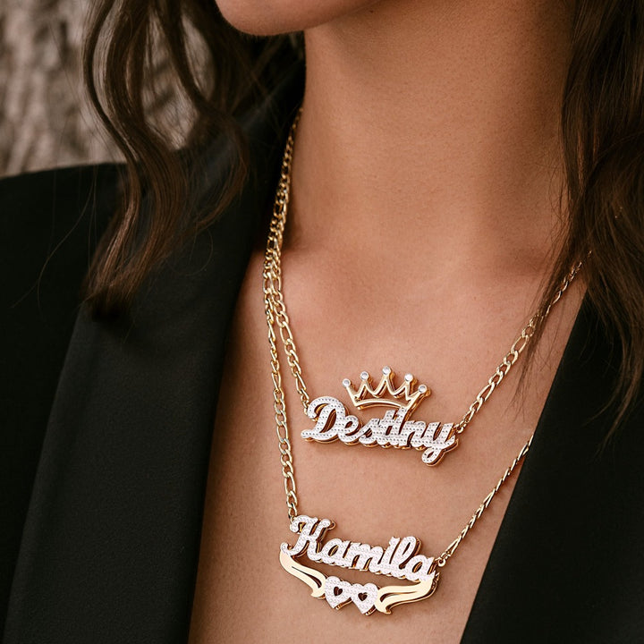 Double Plated Hearts Name Necklace w/ Figaro Chain | Necklaces by DORADO