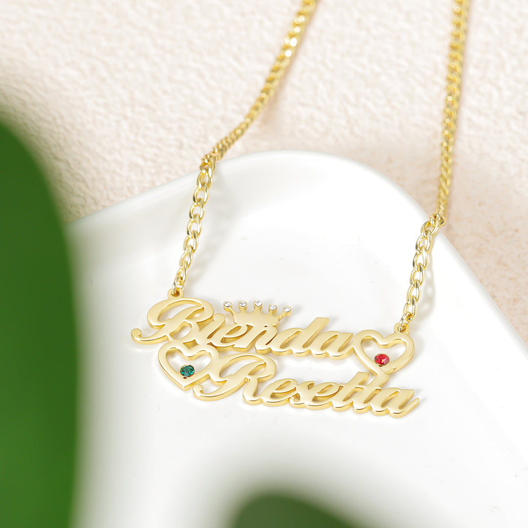 Double Heart Name Necklace w/ Cuban Chain | Necklaces by DORADO