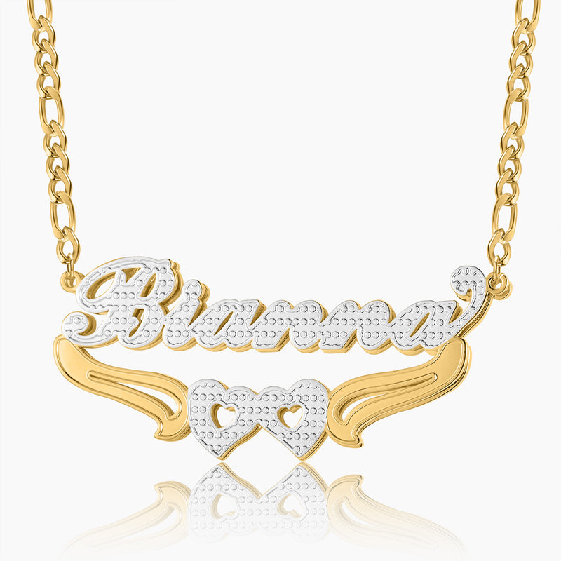 Double Plated Hearts Name Necklace w/ Figaro Chain | Dorado Fashion