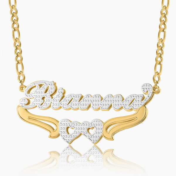 Double Plated Hearts Name Necklace w/ Figaro Chain | Dorado Fashion