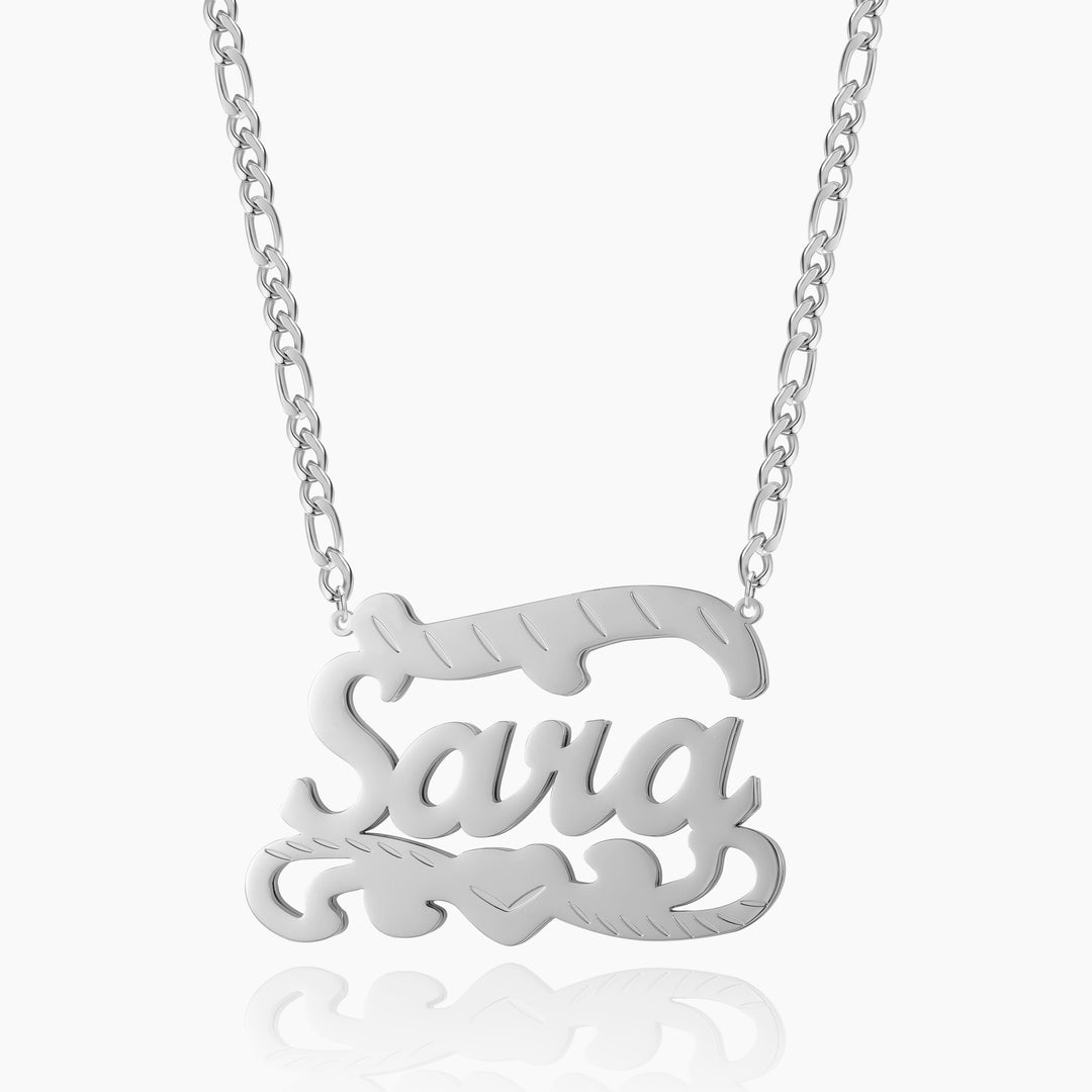 Double Plated Name Heart Necklace w/ Figaro Chain | Dorado Fashion