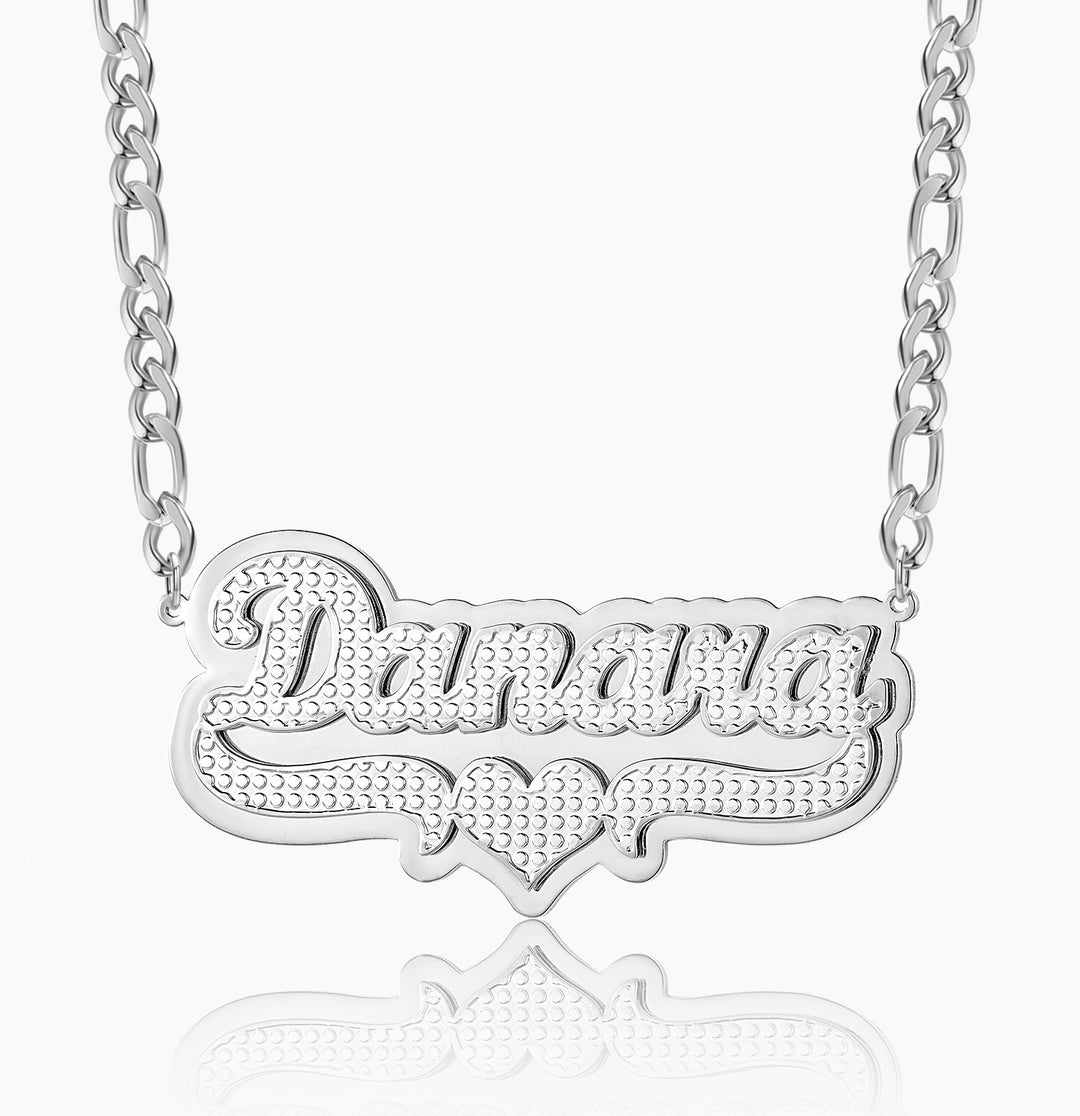 Double Plated Pop Out Heart Name Necklace w/ Figaro Chain | Dorado Fashion