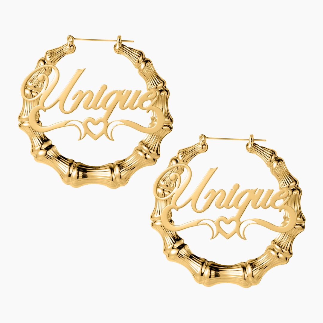 Heart Outline Bamboo Name Hoop Earrings DORADO