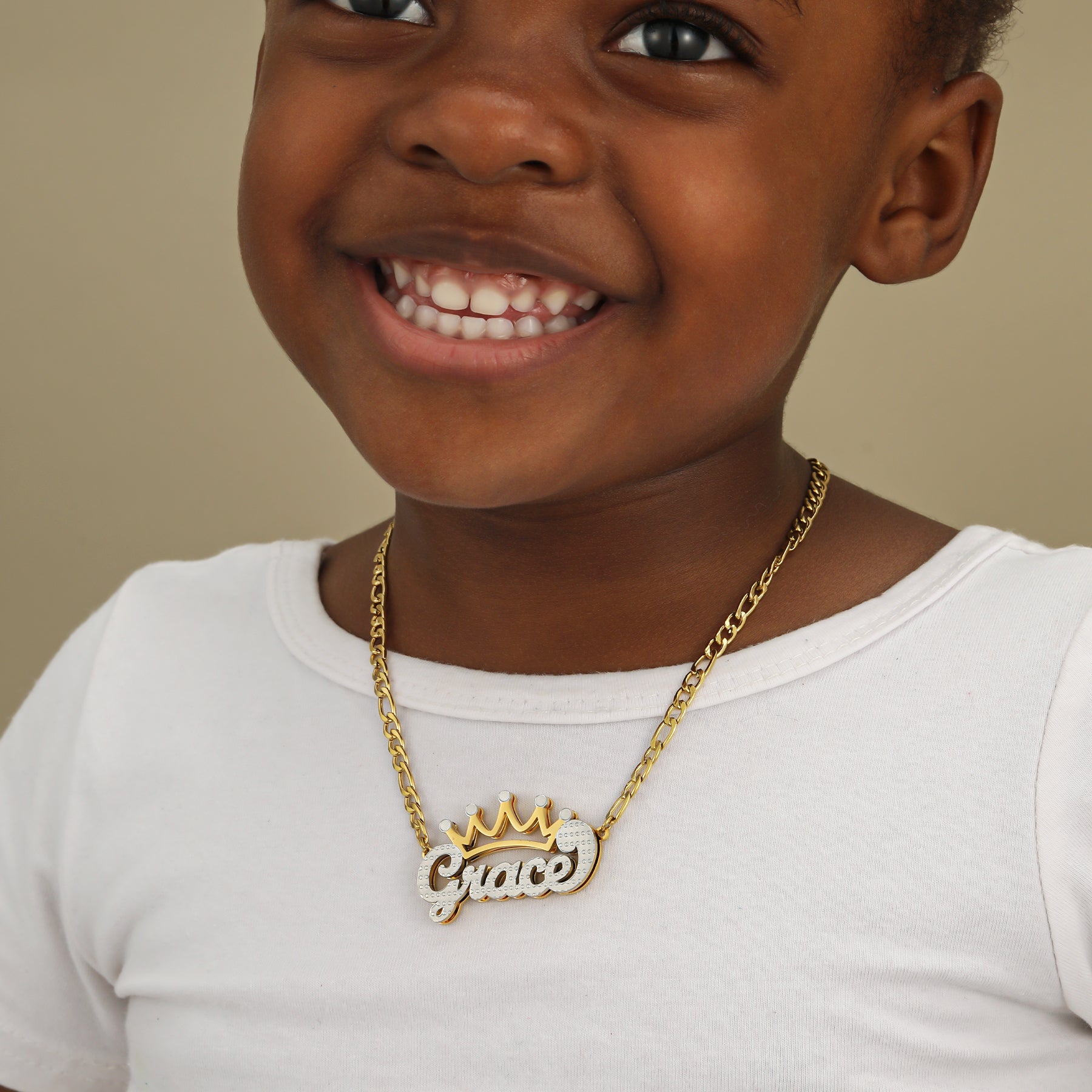 Kids Double Plated Crown Name Necklace w/ Figaro Chain | Necklaces by DORADO
