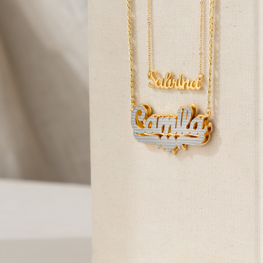 Double Plated Pop Out Heart Name Necklace w/ Figaro Chain | Necklaces by DORADO