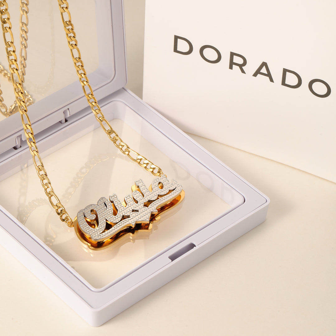 Kids Double Plated Pop Out Heart Name Necklace w/ Figaro Chain | DORADO