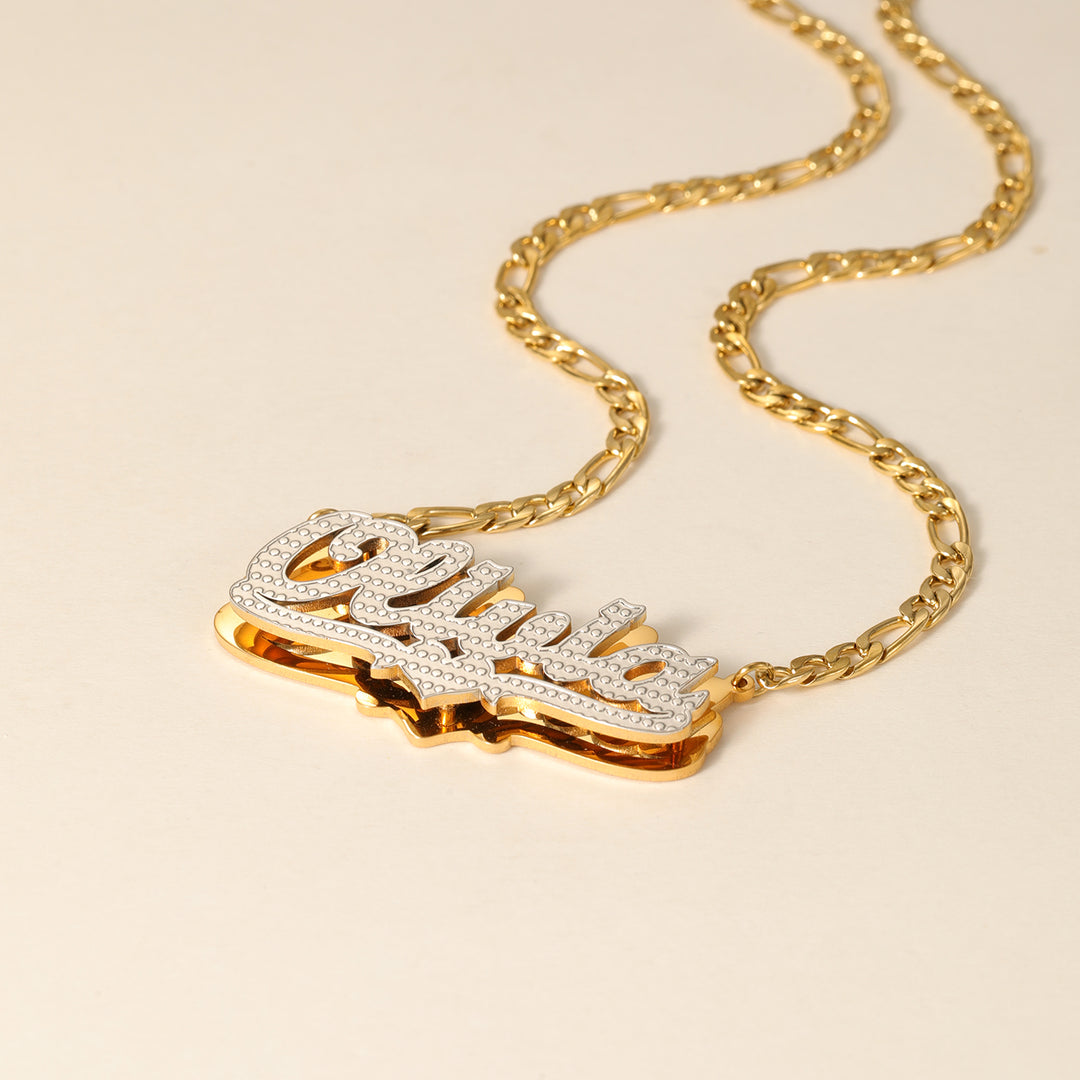 Double Plated Pop Out Heart Name Necklace w/ Figaro Chain | DORADO
