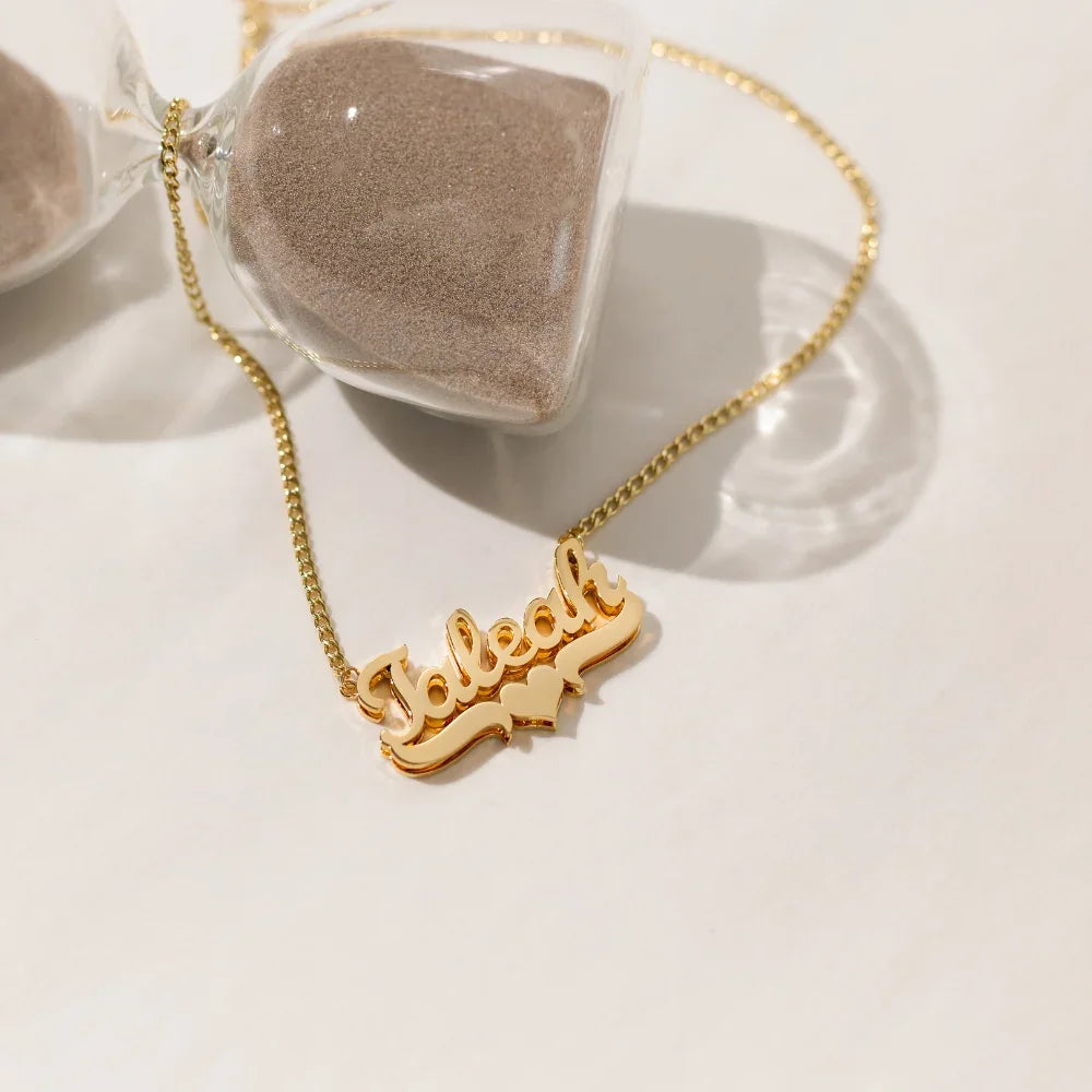 Kids Double Plated Heart Name Necklace w/ Cuban Chain | DORADO