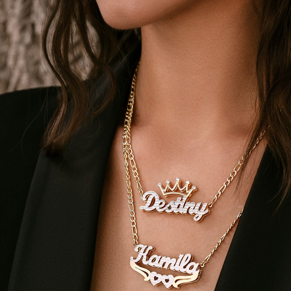 Double Plated Crown Name Necklace w/ Figaro Chain | DORADO