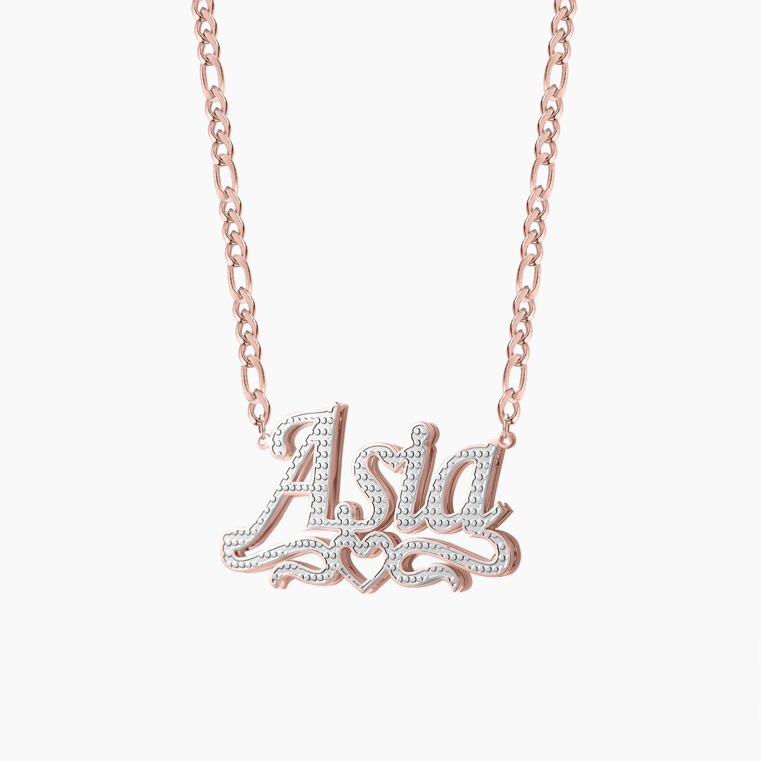 Double Plated Heart Title Name Necklace w/ Figaro Chain
