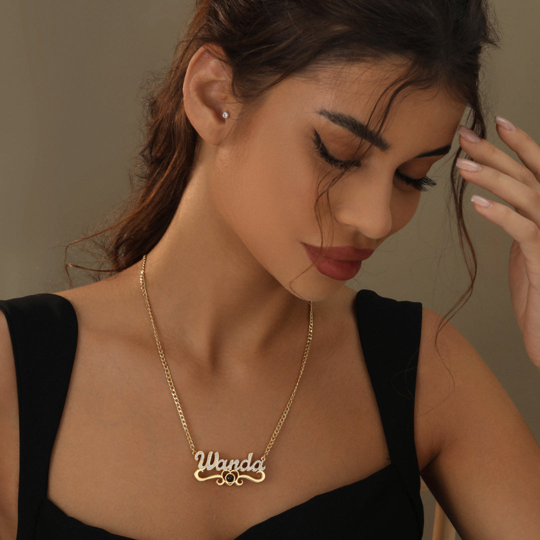 Double Plated Iced Heart Photo Name Necklace w/ Cuban Chain | Necklaces by DORADO