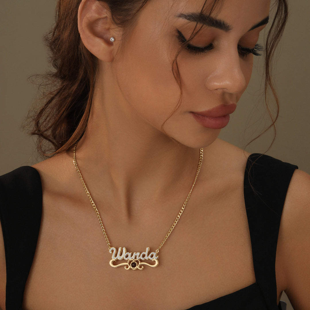 Double Plated Iced Heart Photo Name Necklace w/ Cuban Chain