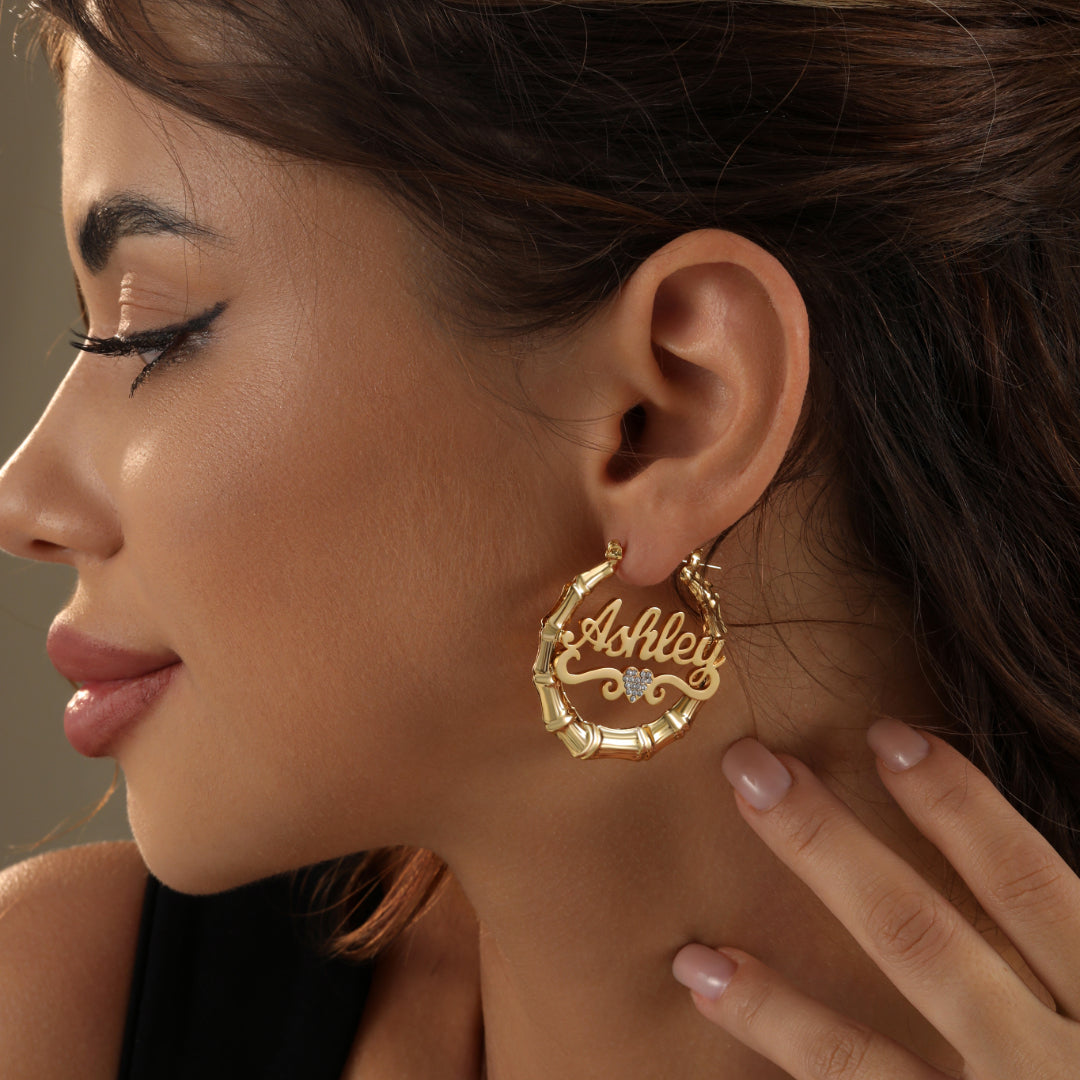 Heart Name Bamboo Hoop Earrings