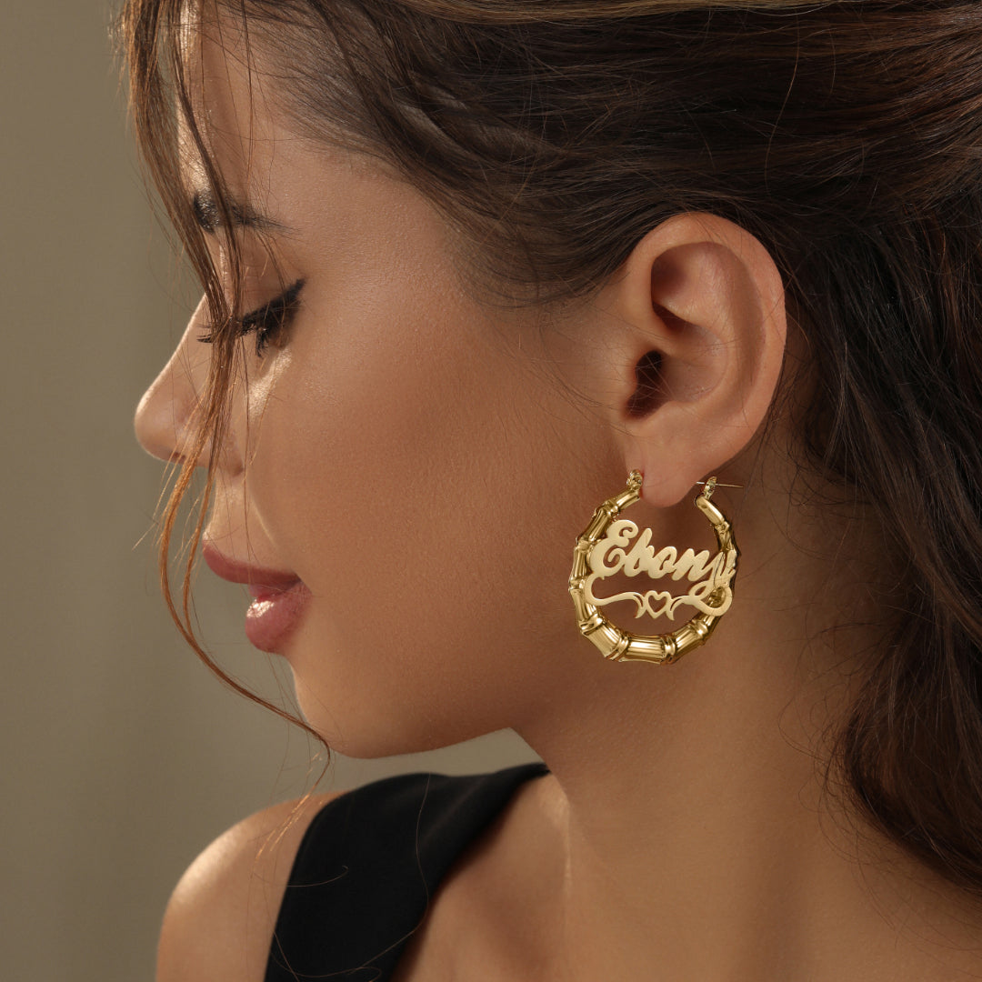 Heart Outline Bamboo Name Hoop Earrings DORADO - Main Image