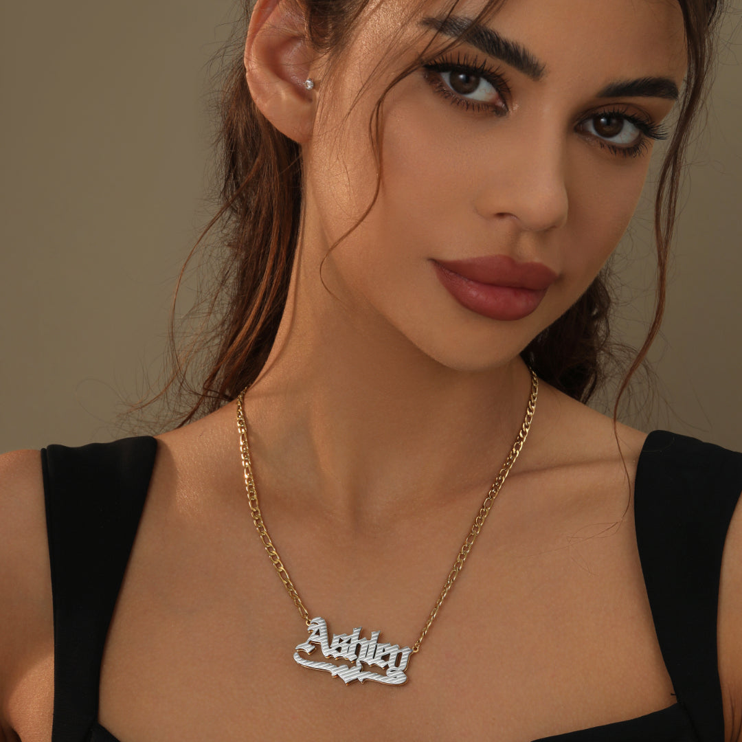 Double Plated Gothic Name Necklace w/ Figaro Chain