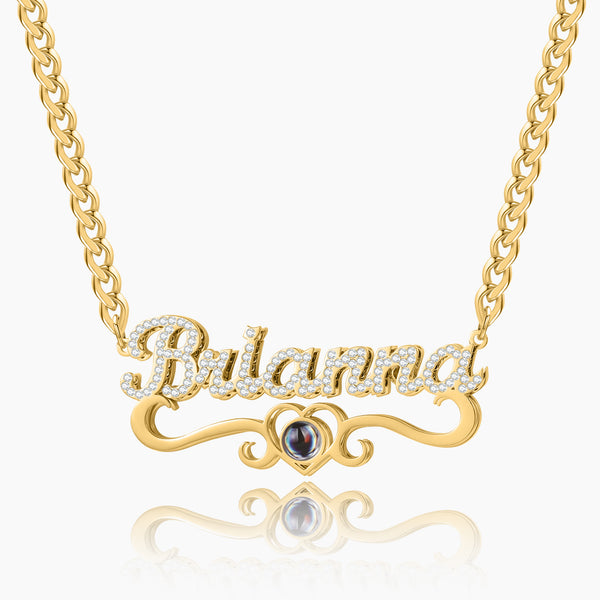 Double Plated Iced Heart Photo Name Necklace w/ Cuban Chain | Dorado Fashion