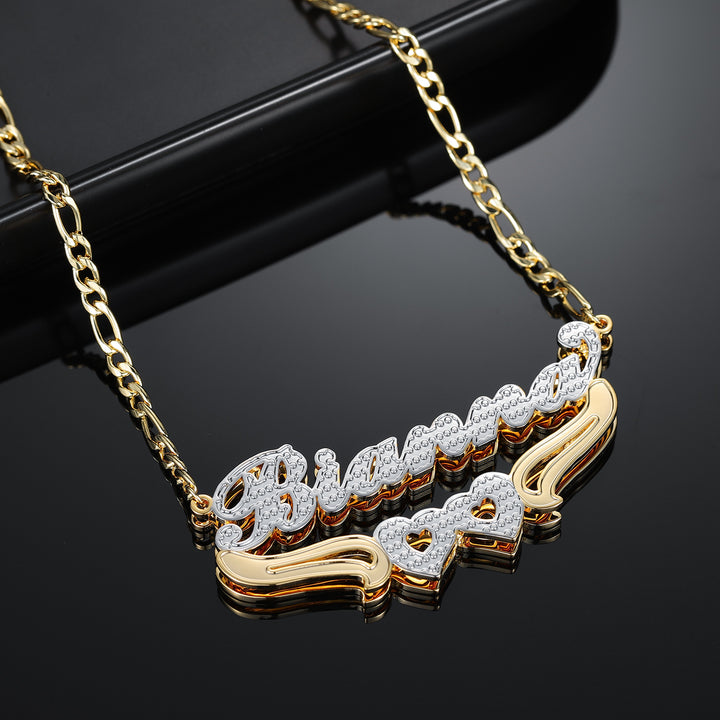 Double Plated Hearts Name Necklace w/ Figaro Chain | Dorado Fashion