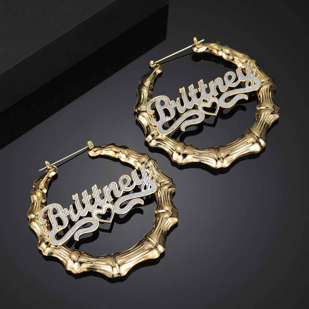 Double Plated Heart Outline Bamboo Name Hoop Earrings | Dorado Fashion