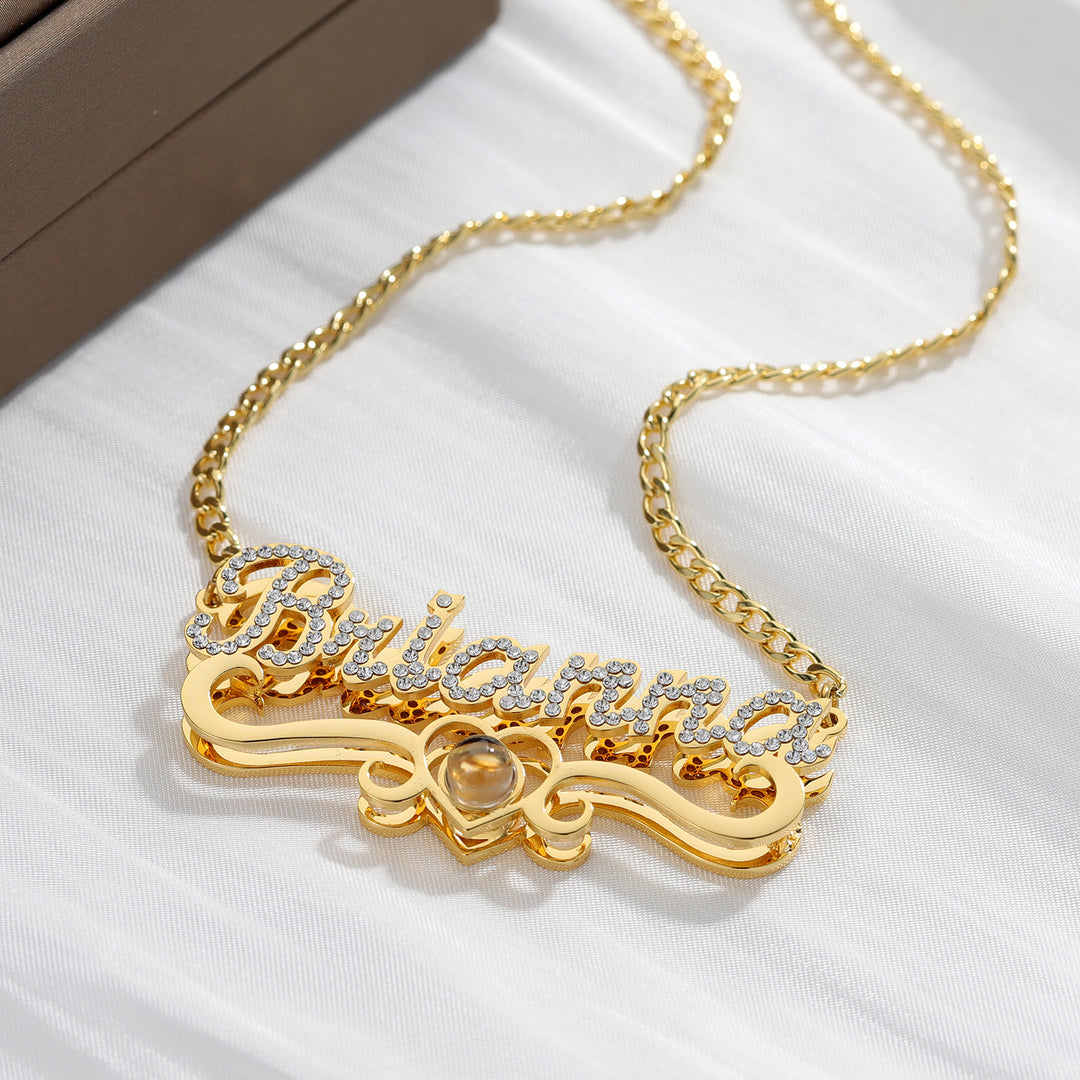 Double Plated Iced Heart Photo Name Necklace w/ Cuban Chain | Dorado Fashion