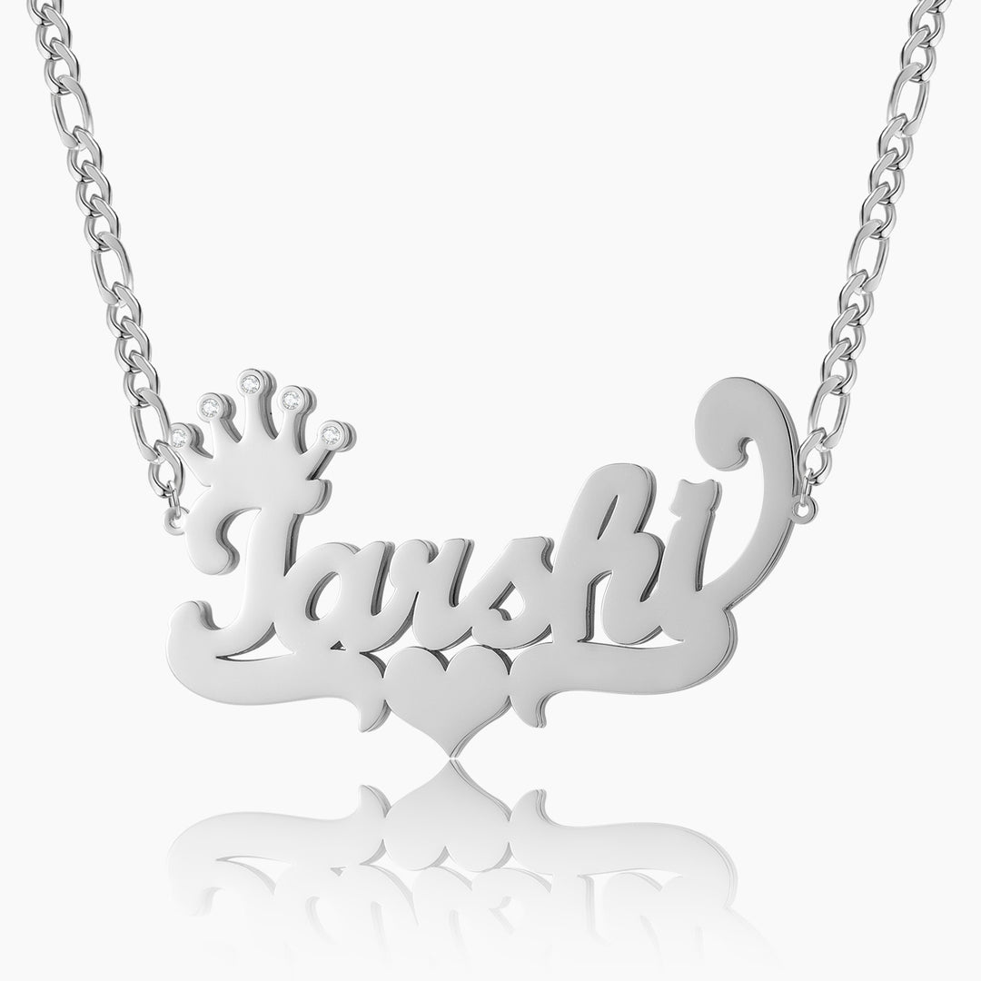 Double Plated Crown Heart Name Necklace w/ Figaro Chain | Dorado Fashion