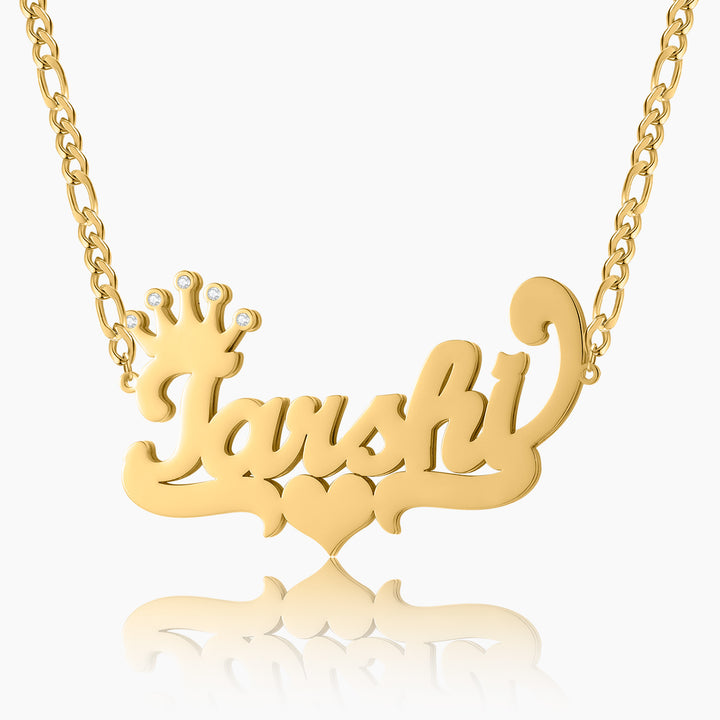 Kids Double Plated Crown Heart Name Necklace w/ Figaro Chain | Dorado Fashion