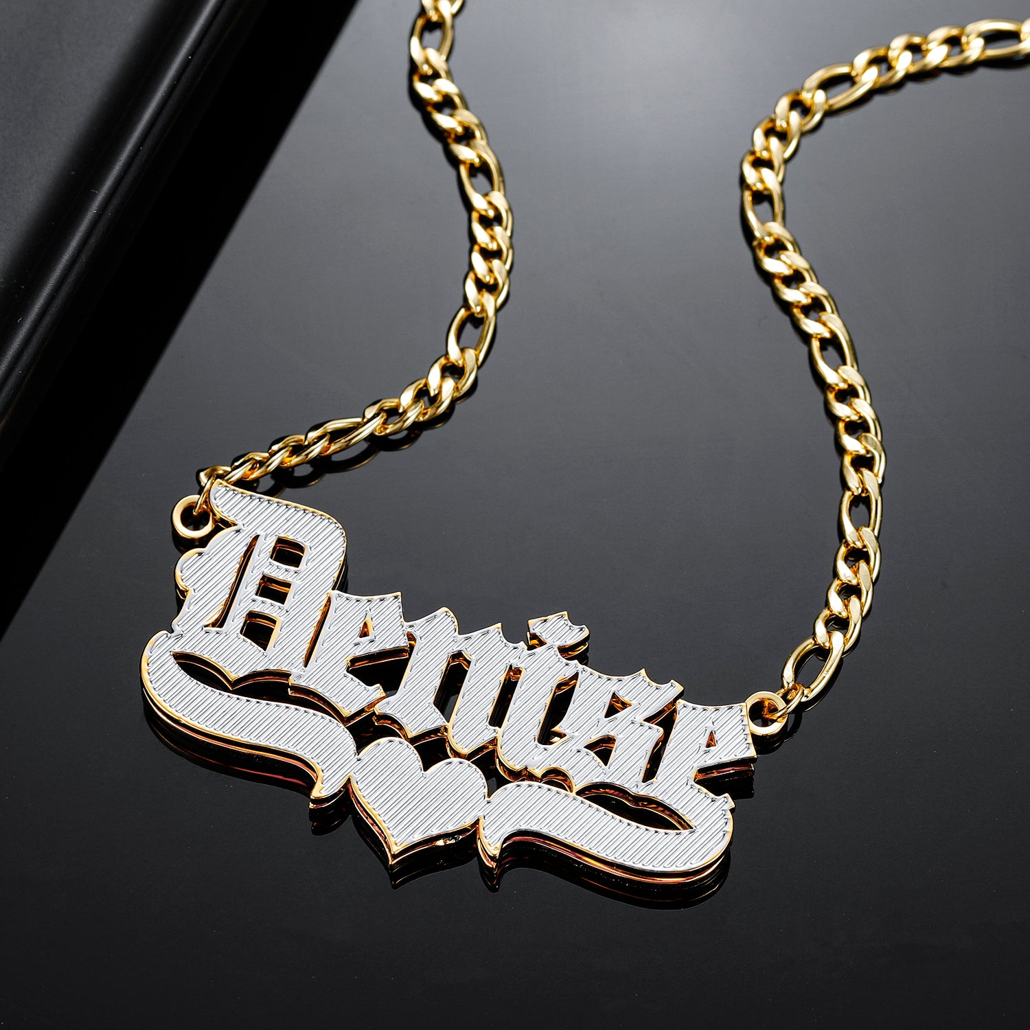 Double Plated Gothic Name Necklace w/ Figaro Chain | Dorado Fashion