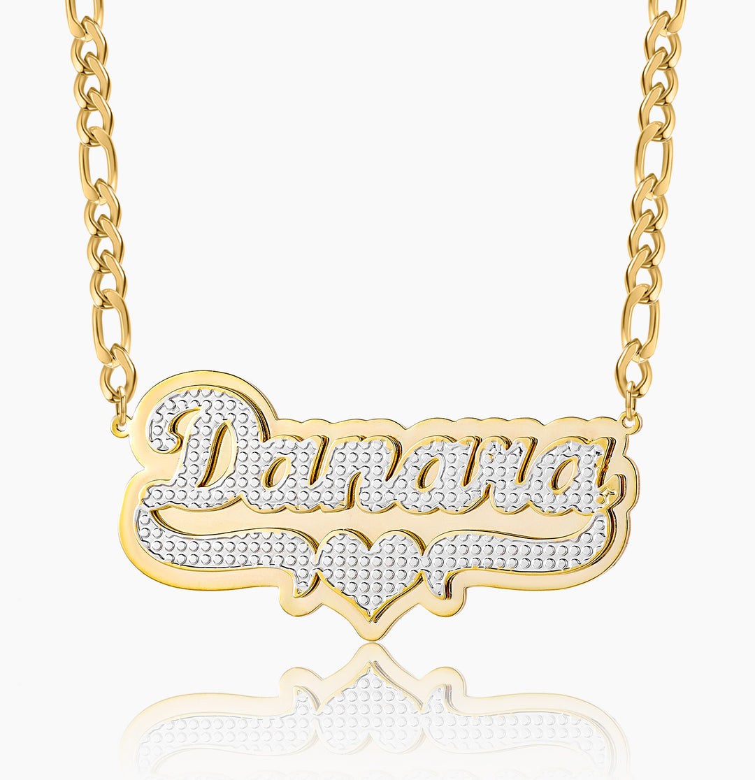 Double Plated Pop Out Heart Name Necklace w/ Figaro Chain | Dorado Fashion
